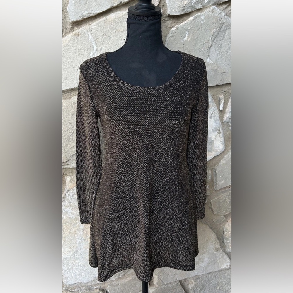 Grace‎ Elements Black Gold Metallic Top Small Long Sleeve Elegant Holiday Party